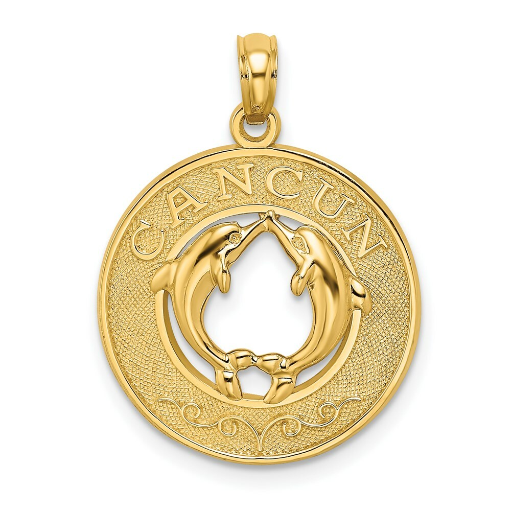 14K Yellow Gold CANCUN On Round Frame With Dolphin Charm Pendant