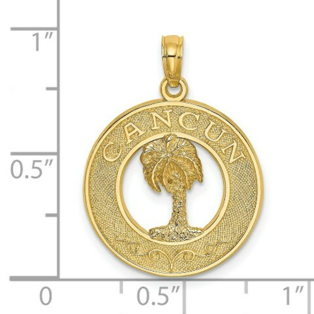 14K Yellow Gold CANCUN On Round Frame With Palm Tree Charm Pendant