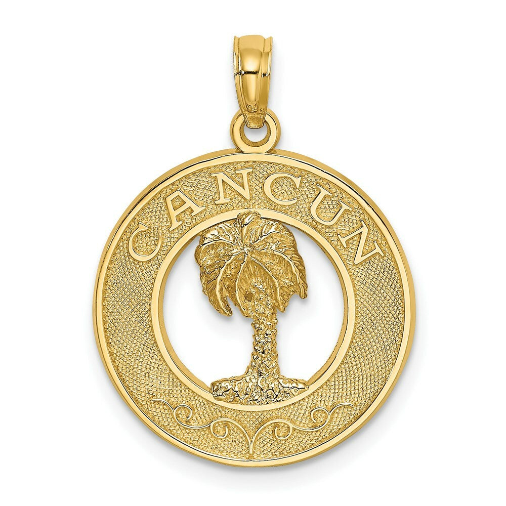 14K Yellow Gold CANCUN On Round Frame With Palm Tree Charm Pendant