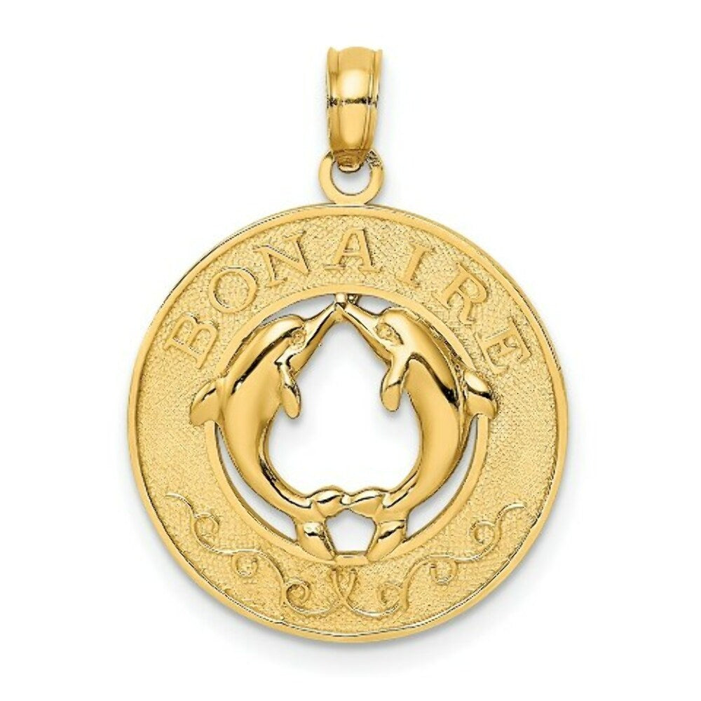 14K Yellow Gold BONAIRE On Round Frame With Dolphins Charm Pendant