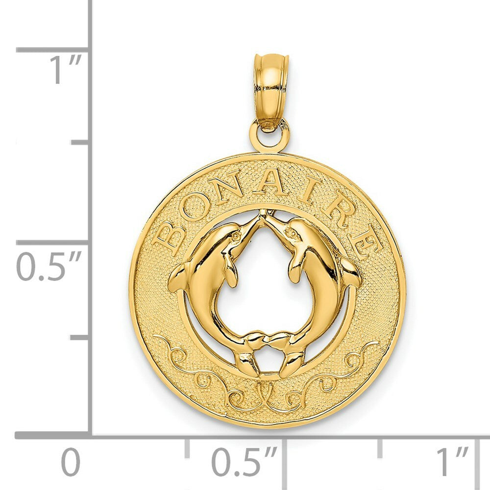 14K Yellow Gold BONAIRE On Round Frame With Dolphins Charm Pendant