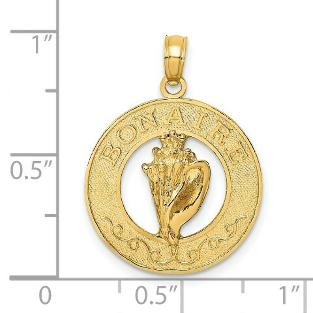 14K Yellow Gold BONAIRE On Round Frame With Conch Shell Charm Pendant