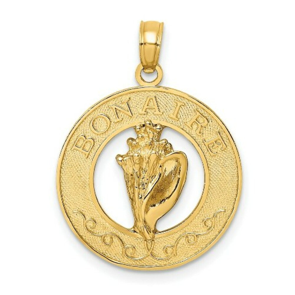 14K Yellow Gold BONAIRE On Round Frame With Conch Shell Charm Pendant