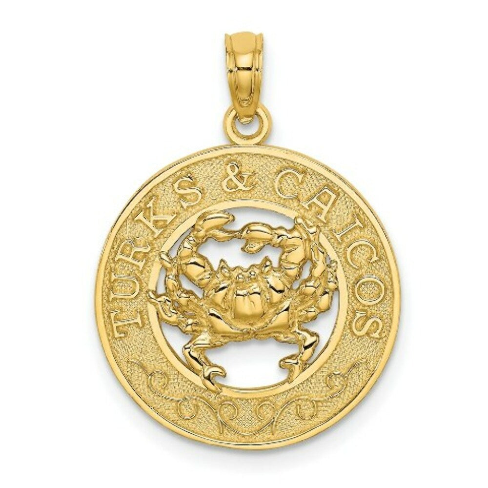 14K Yellow Gold TURKS & CAICOS On Round Frame With Crab Charm Pendant