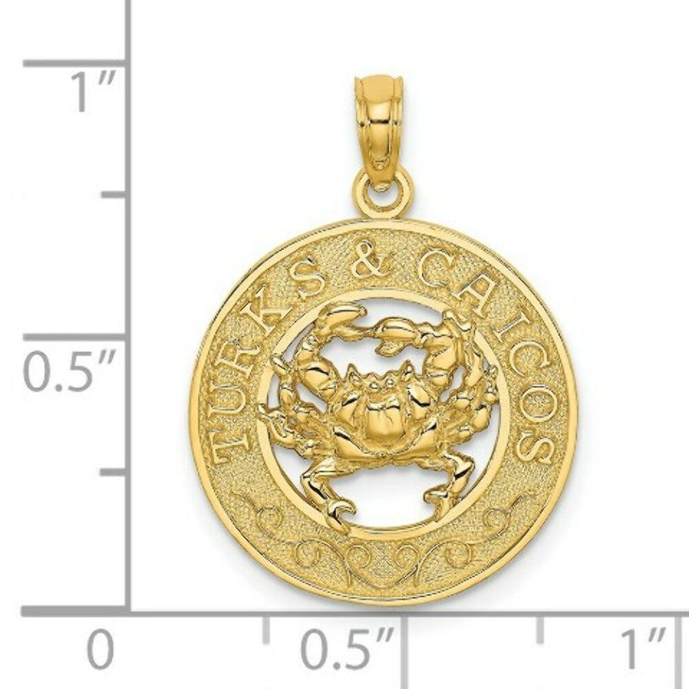 14K Yellow Gold TURKS & CAICOS On Round Frame With Crab Charm Pendant