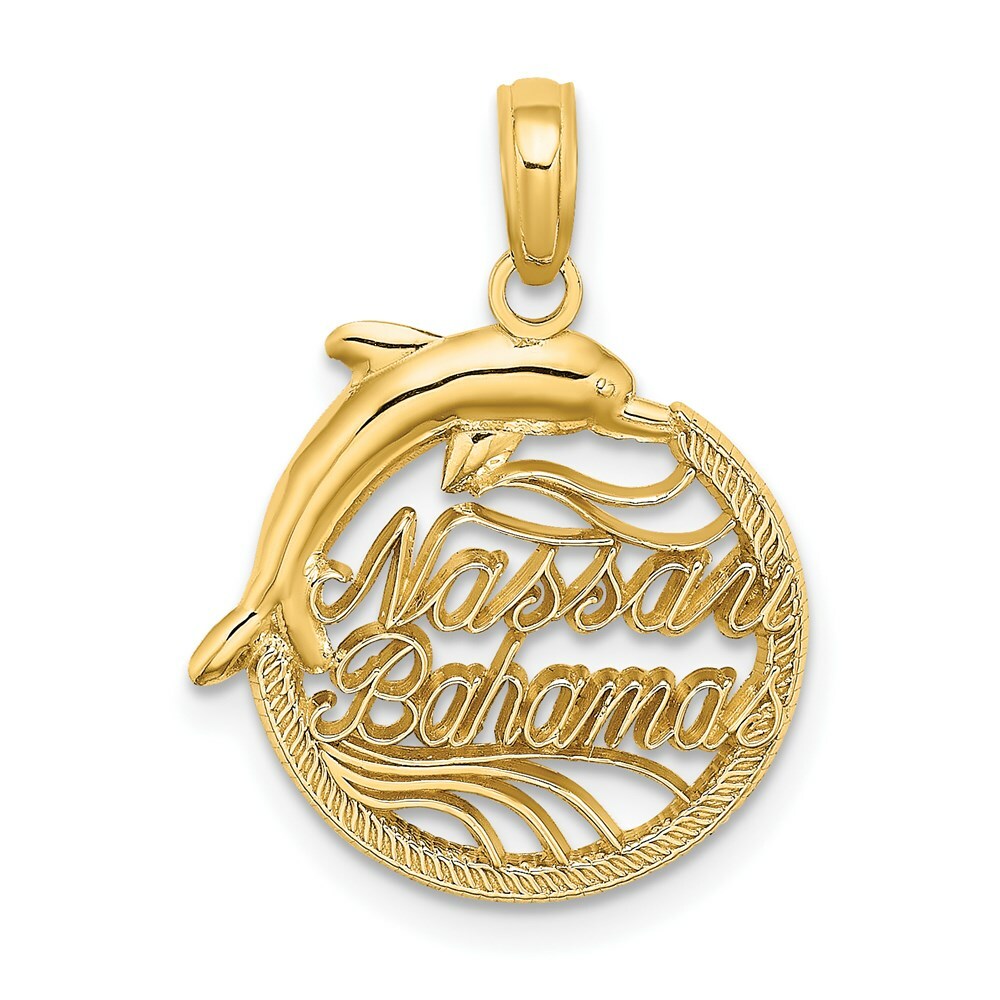 14K Yellow Gold Nassau Bahamas Disk Dolphin Charm Pendant