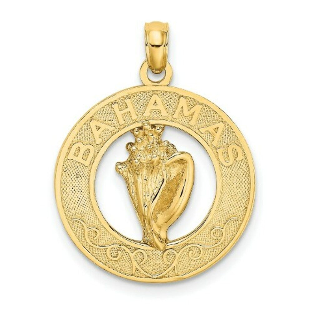 14K Yellow Gold Bahamas Round Frame With Conch Shell Charm Pendant
