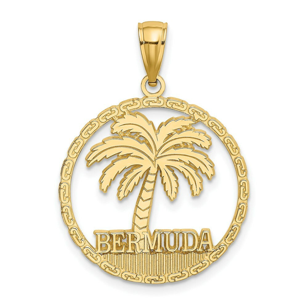 14K Yellow Gold BERMUDA Under Palm Tree In Round Frame Charm Pendant