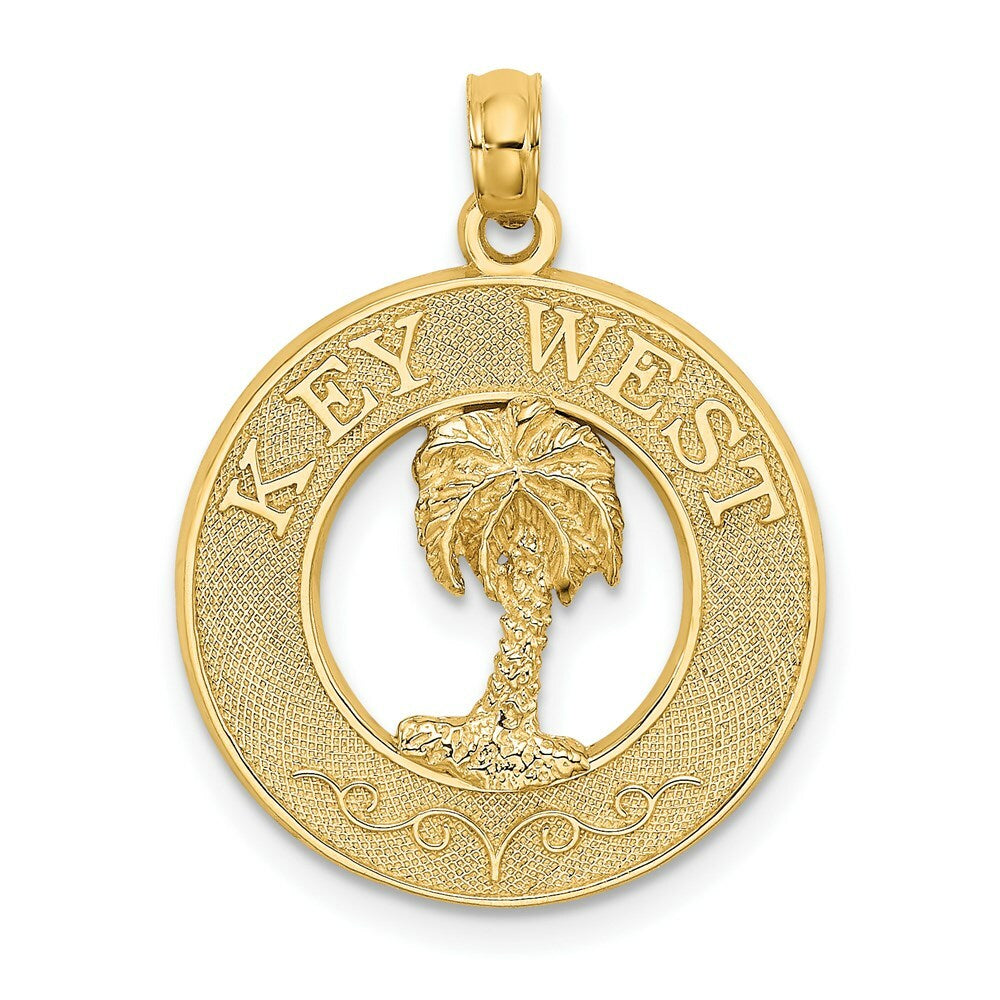 14K Yellow Gold Key West On Round Frame With Palm Tree Charm Pendant