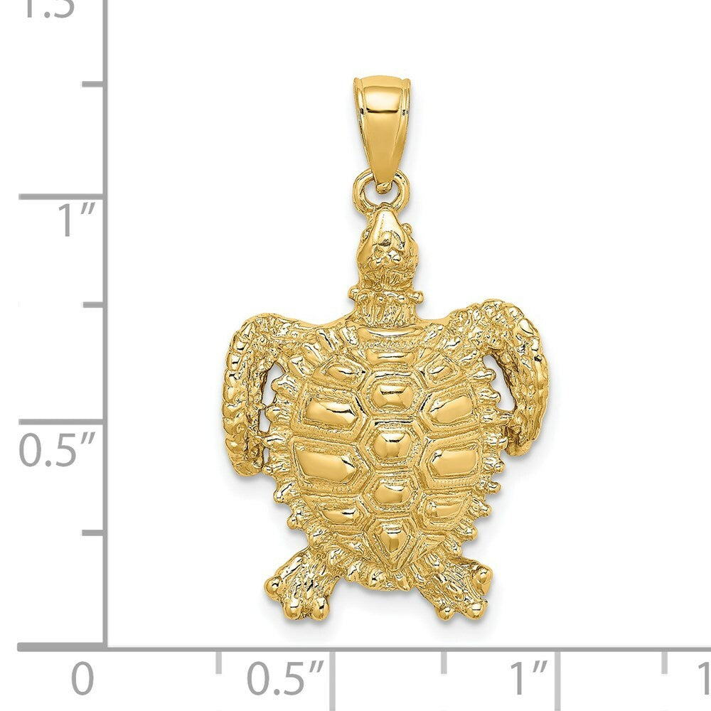 14K Yellow Gold 2-D SEA TURTLE With Spiny Shell Charm Pendant