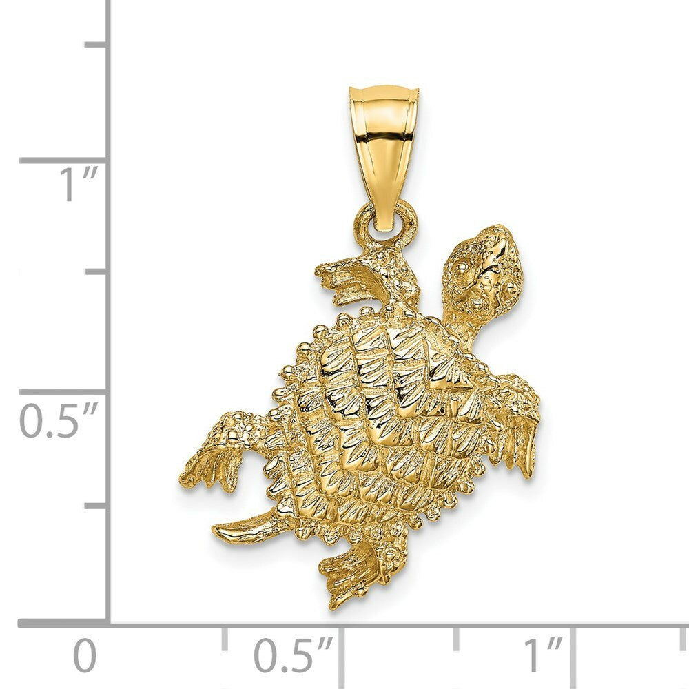 14K Yellow Gold 2-D SEA TURTLE With Tail Charm Pendant