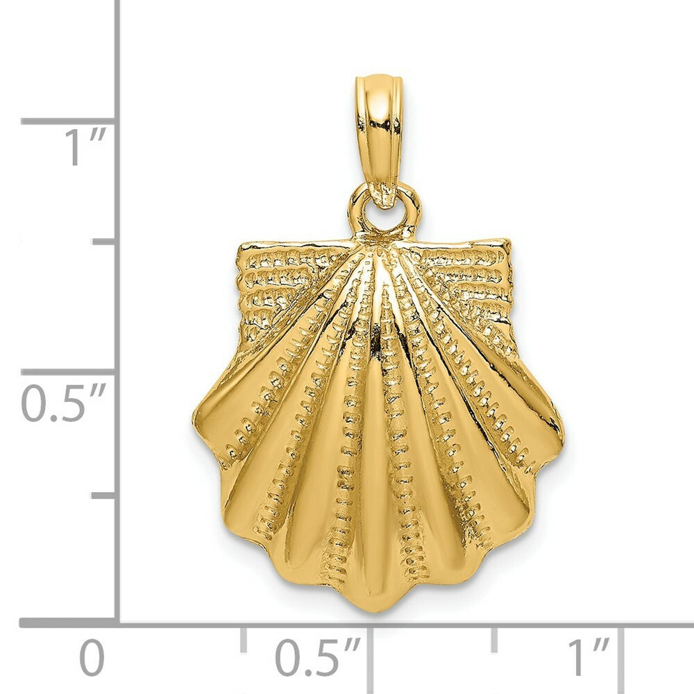 14K Yellow Gold Textured 2-D Scallop Shell Charm Pendant
