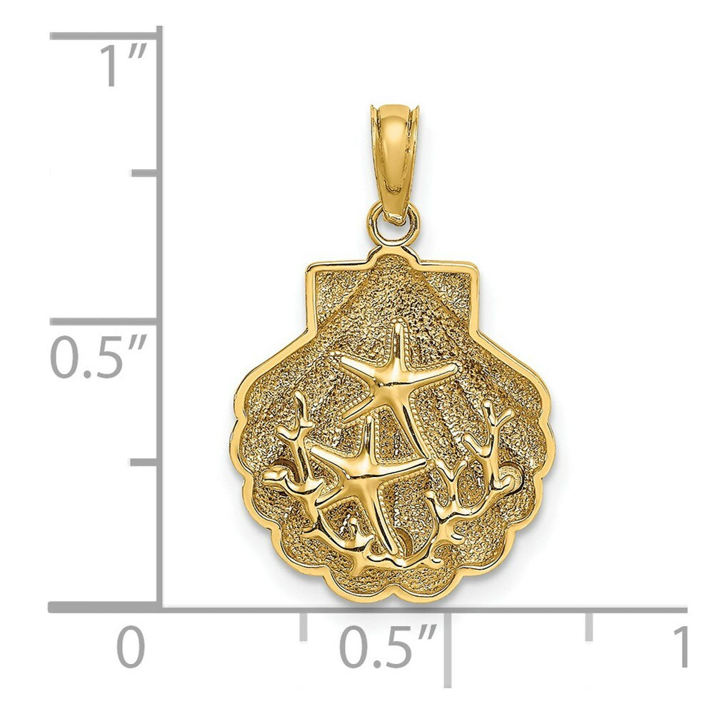Shell With Two Starfish and Coral Charm Pendant in 14K Yellow Gold 2-D Textured