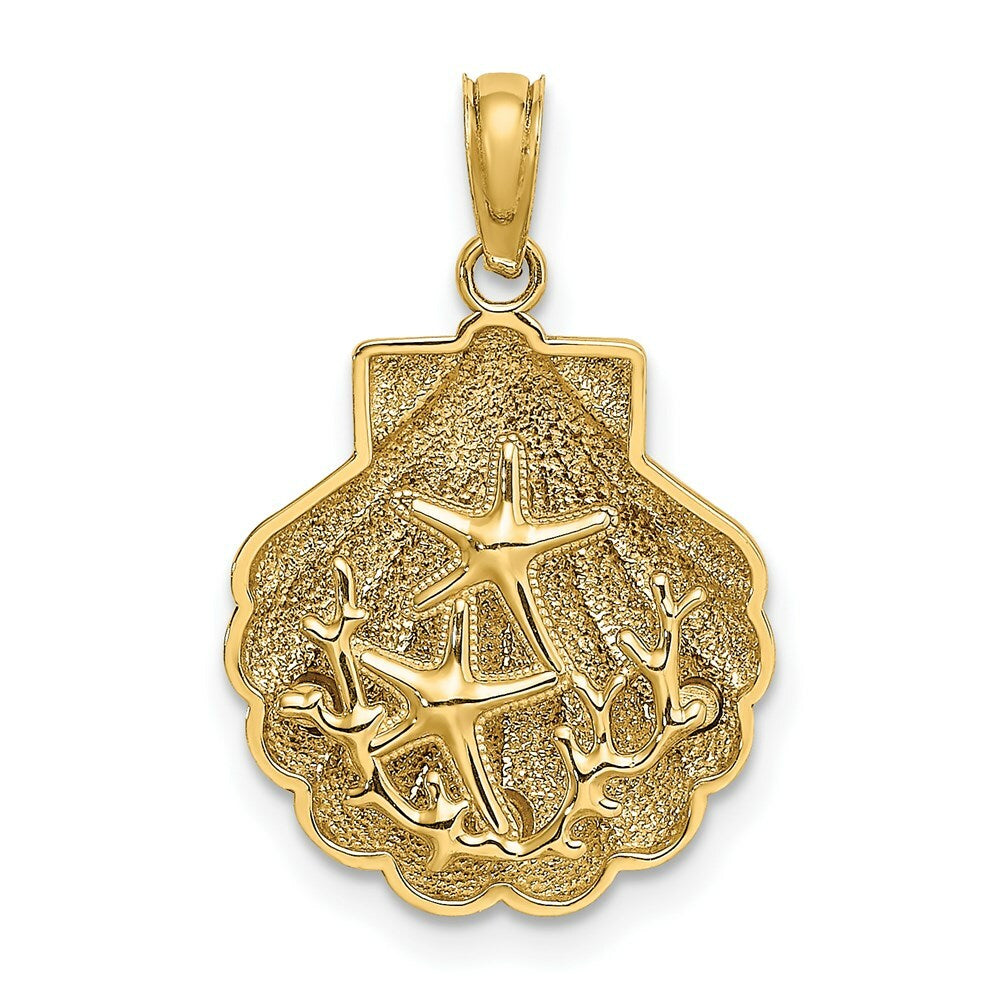 Shell With Two Starfish and Coral Charm Pendant in 14K Yellow Gold 2-D Textured
