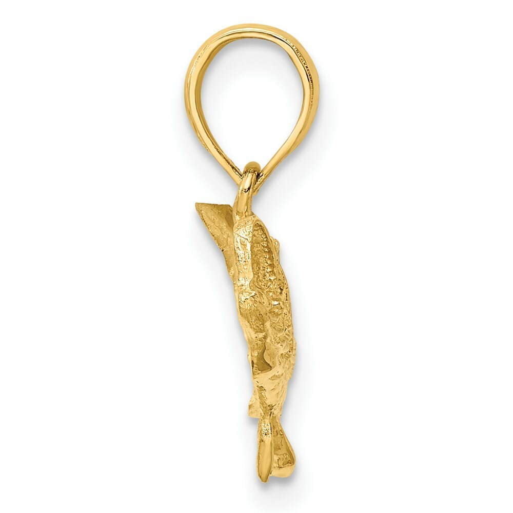 14K Yellow Gold 2-D Bass Fish With Tail Up Charm Pendant