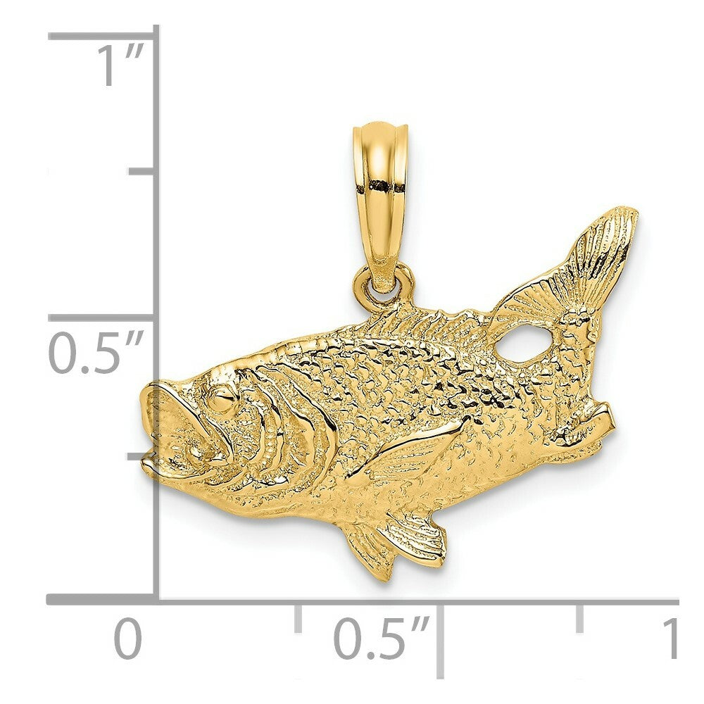 14K Yellow Gold 2-D Bass Fish With Tail Up Charm Pendant