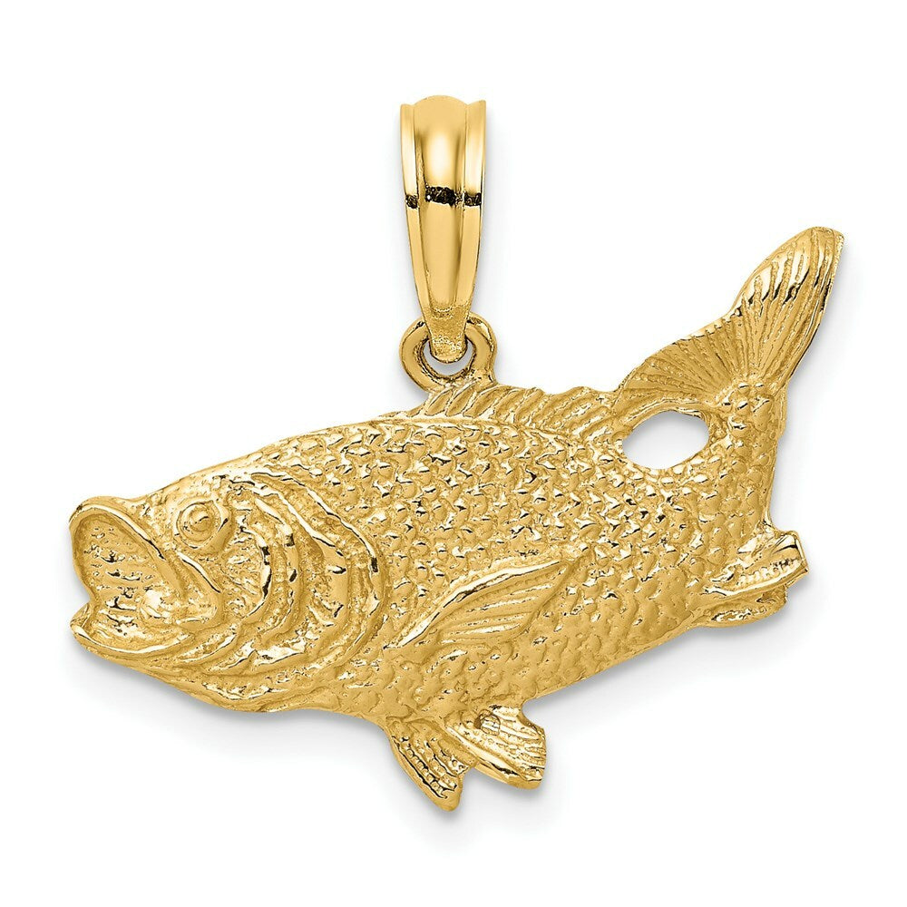 14K Yellow Gold 2-D Bass Fish With Tail Up Charm Pendant