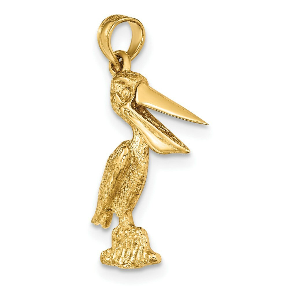 14K Yellow Gold 3-D Small Pelican Standing With Moveable Mouth Charm Pendant