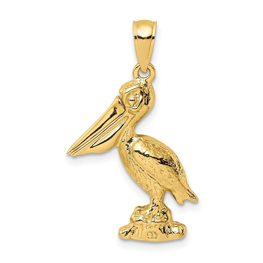 14K Yellow Gold 3-D Large Pelican Standing With Moveable Mouth Charm Pendant