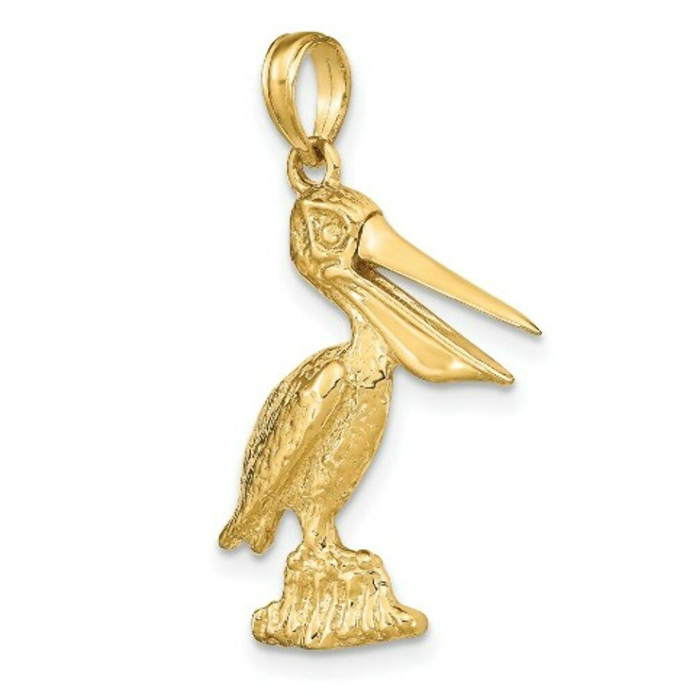 14K Yellow Gold 3-D Large Pelican Standing With Moveable Mouth Charm Pendant