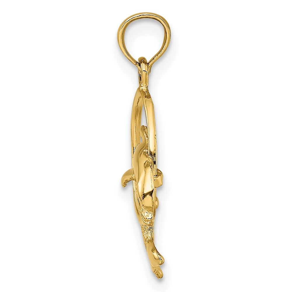 14K Yellow Gold Polished Dolphin Jumping Through Hoop Charm Pendant