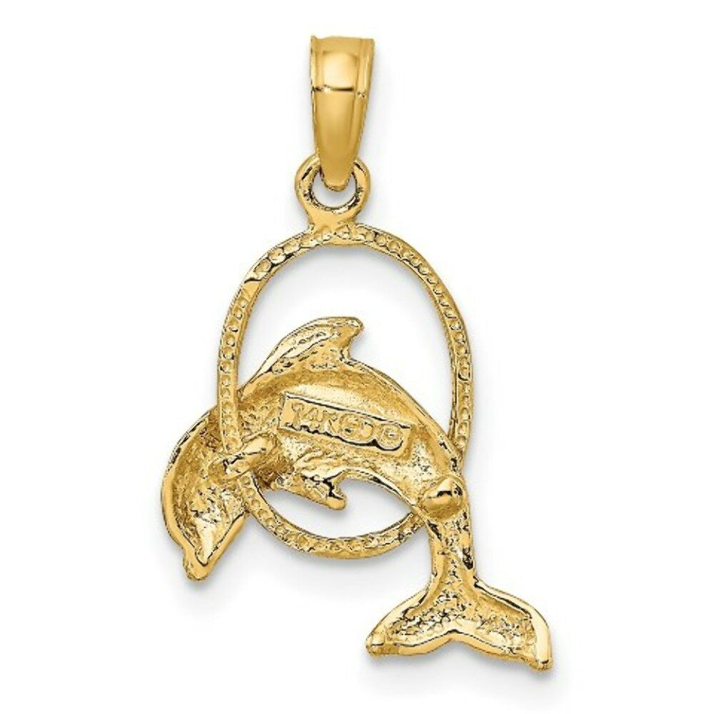 14K Yellow Gold Polished Dolphin Jumping Through Hoop Charm Pendant