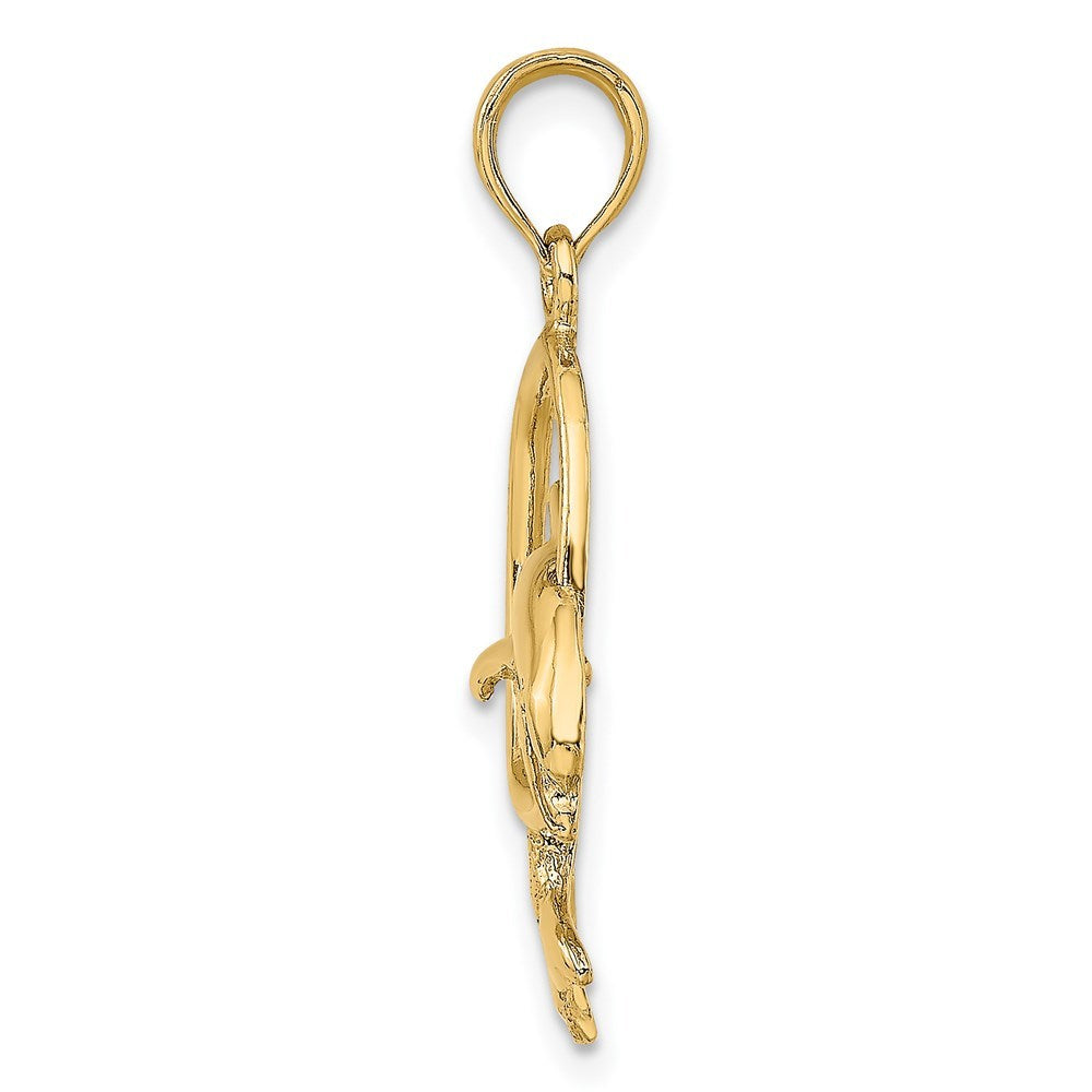 14K Yellow Gold Polished Dolphin Jumping Through Hoop Charm Pendant
