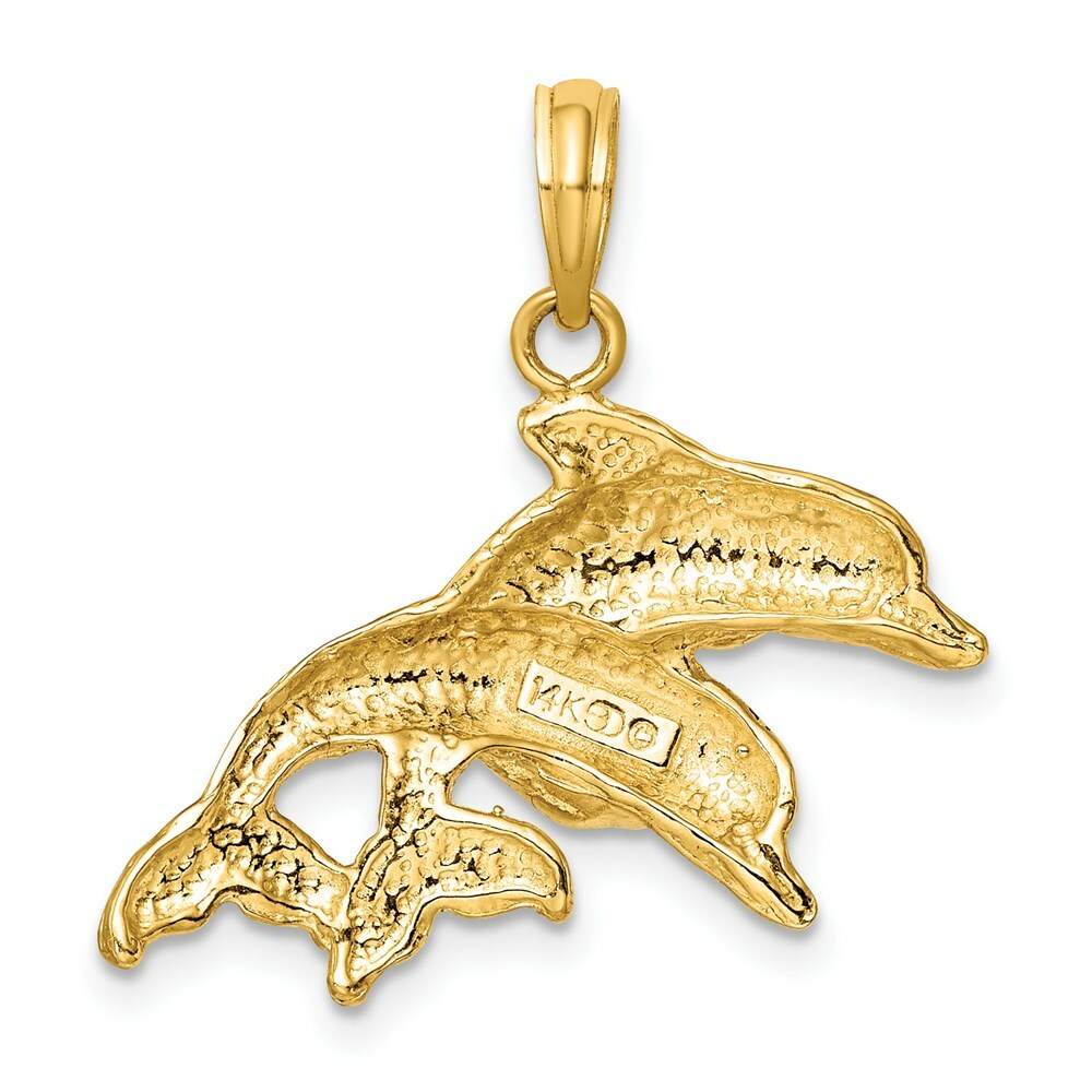 14K Yellow Gold 2-D Polished and Engraved DOUBLE DolphinS Charm Pendant