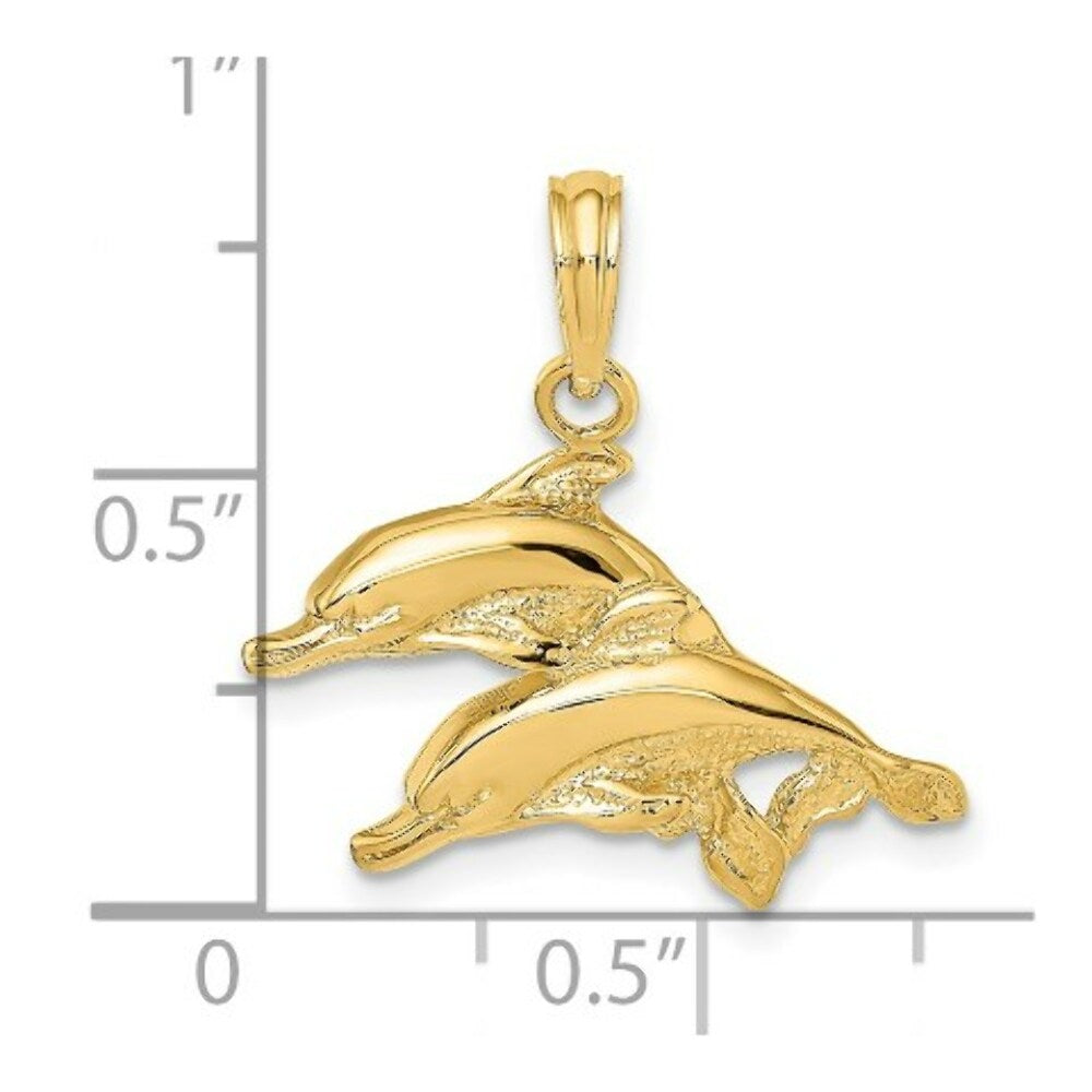 14K Yellow Gold 2-D Polished and Engraved Dolphins Charm Pendant