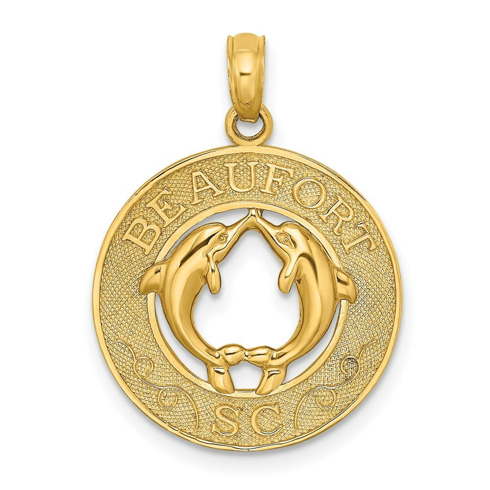 14K Yellow Gold BEAUFORT, SC On Round Frame With Dolphins Charm Pendant