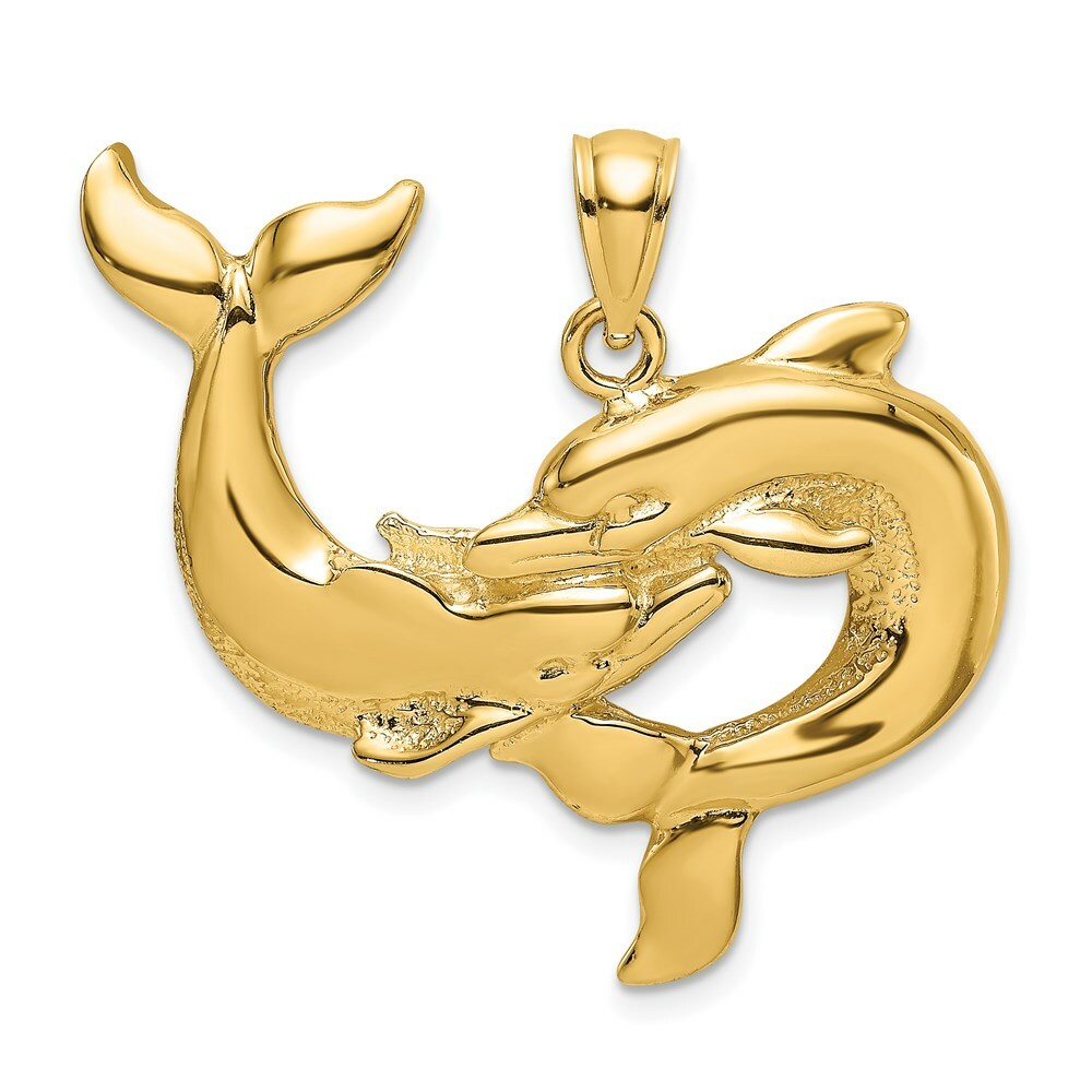 14K Yellow Gold Polished Two Dolphins Together Charm Pendant
