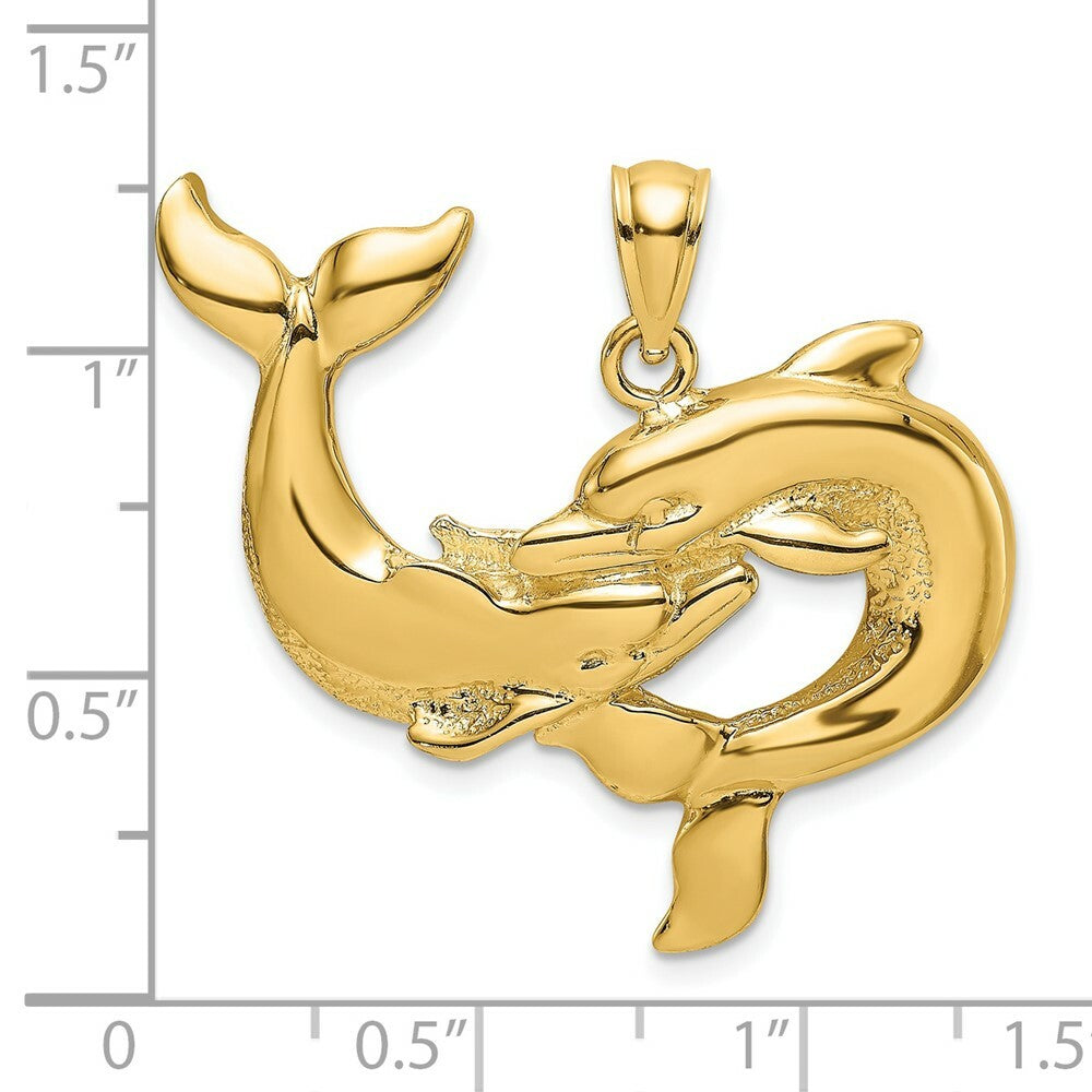 14K Yellow Gold Polished Two Dolphins Together Charm Pendant