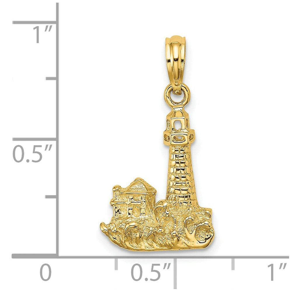 14K Yellow Gold 2-D Lighthouse With Waves & Buildings Charm Pendant