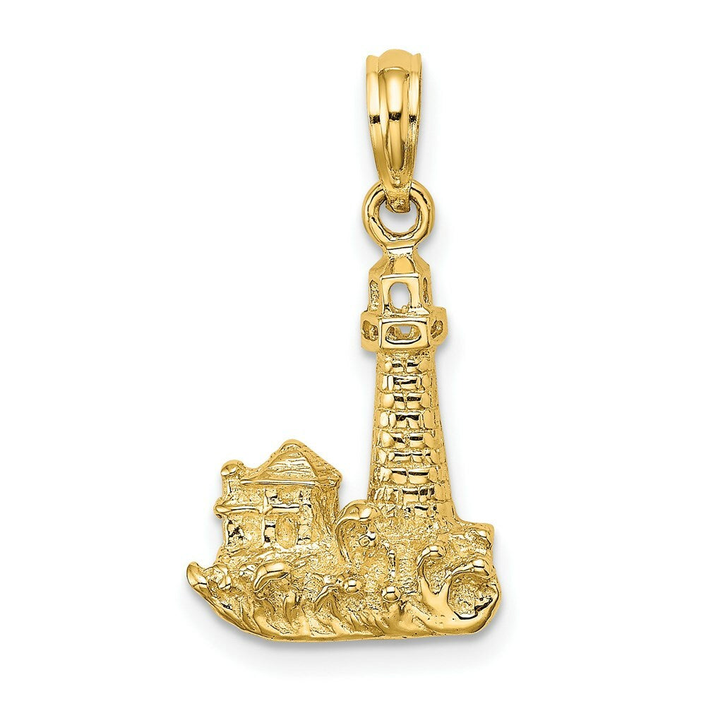 14K Yellow Gold 2-D Lighthouse With Waves & Buildings Charm Pendant