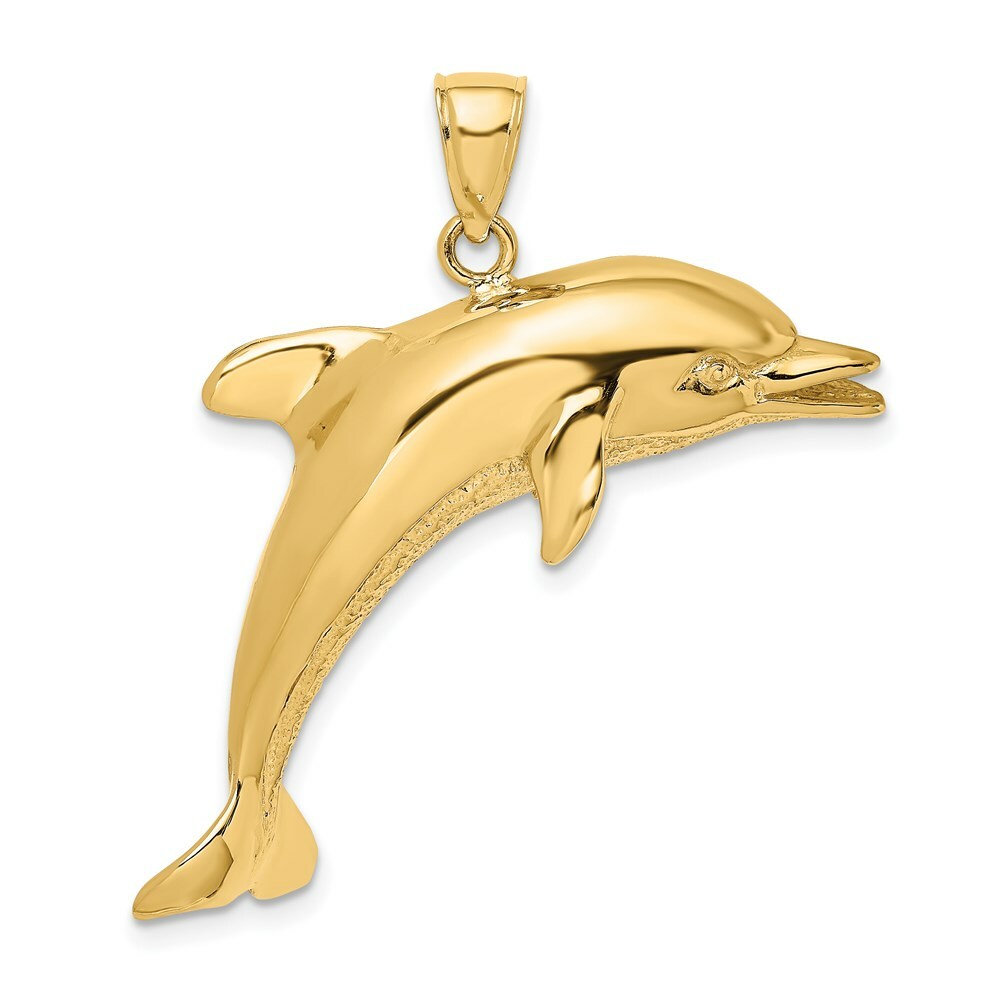 14K Yellow Gold 2-D & Polished Dolphin Jumping Charm Pendant
