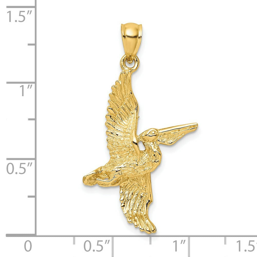 14K Yellow Gold 3-D Pelican Flying Charm Pendant