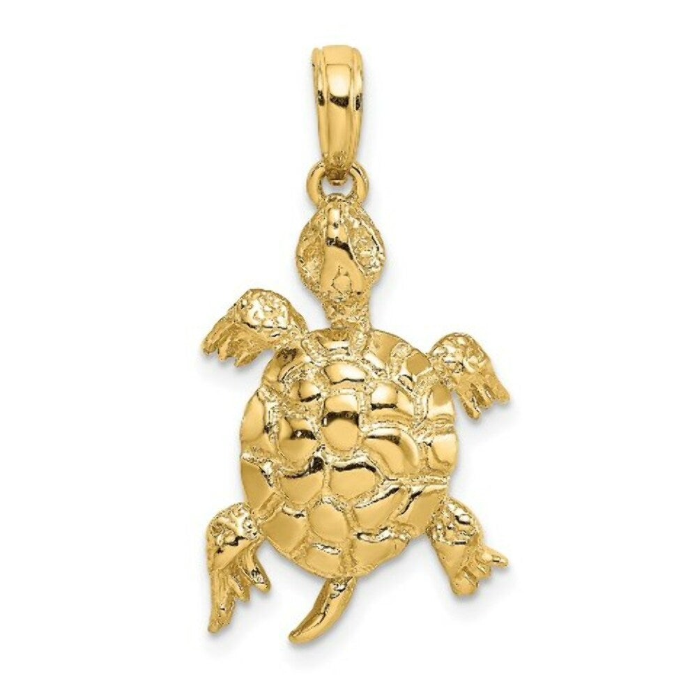 14K Yellow Gold 2-D Polished and Textured TURTLE Charm Pendant