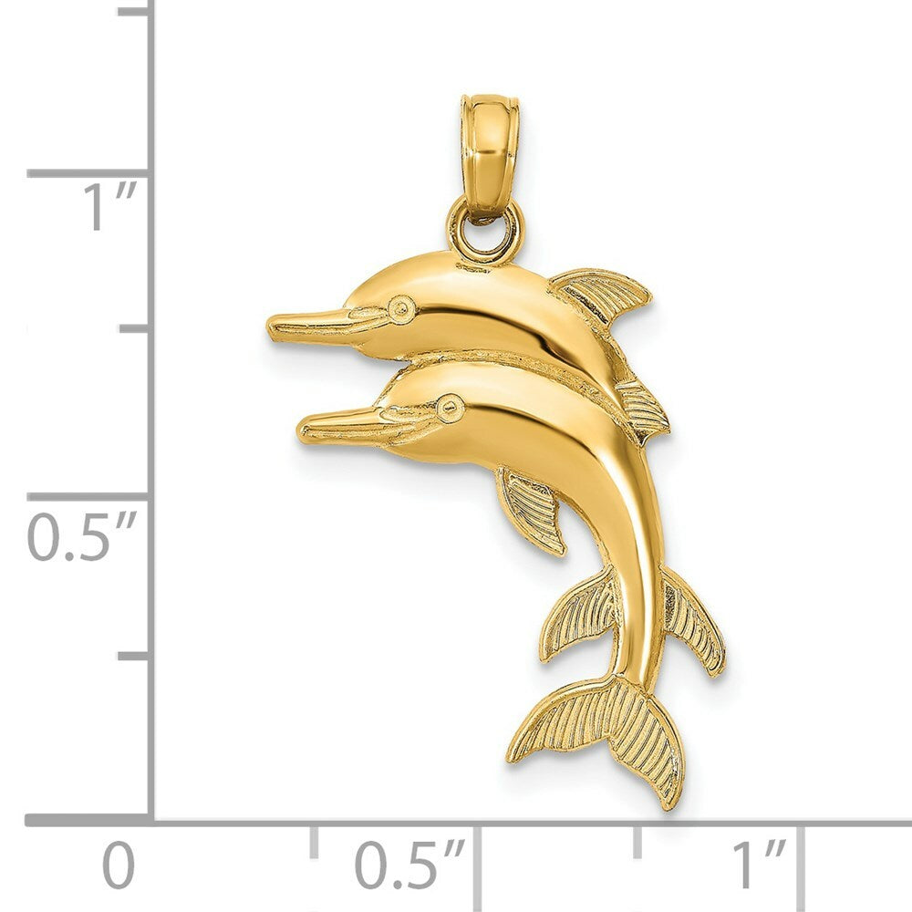 14K Yellow Gold 2-D Two Jumping Dolphins Charm Pendant