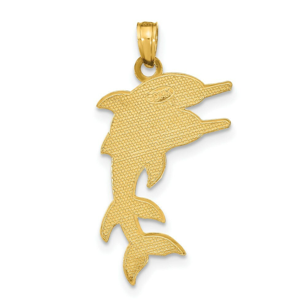 14K Yellow Gold 2-D Two Jumping Dolphins Charm Pendant