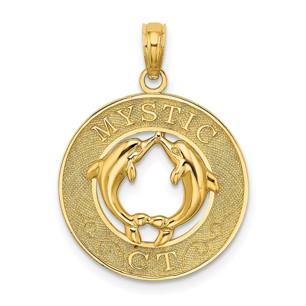 14K Yellow Gold MYSTIC, CT Round Frame With Dolphins Charm Pendant