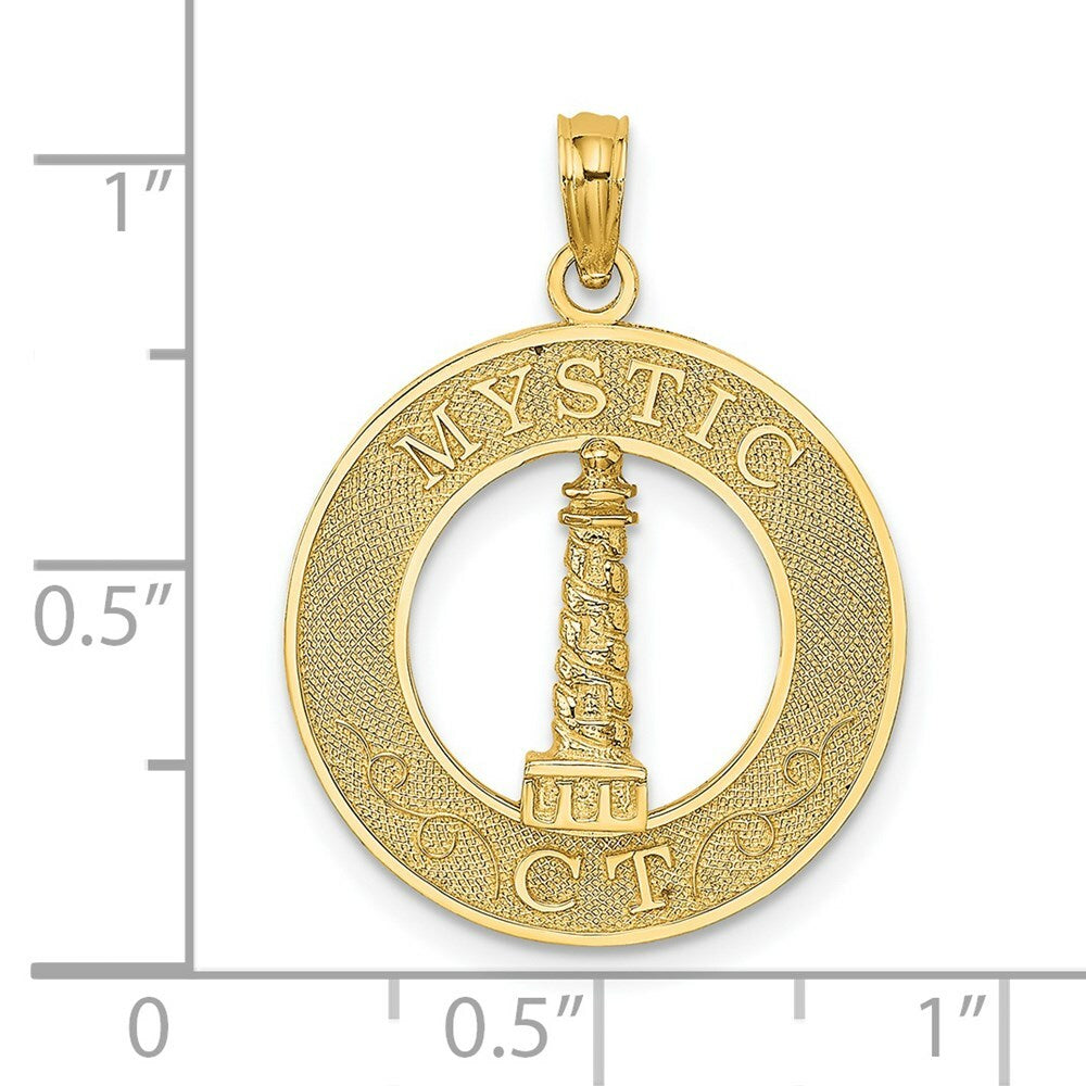 14K Yellow Gold MYSTIC, CT Round Frame With Lighthouse Center Charm Pendant