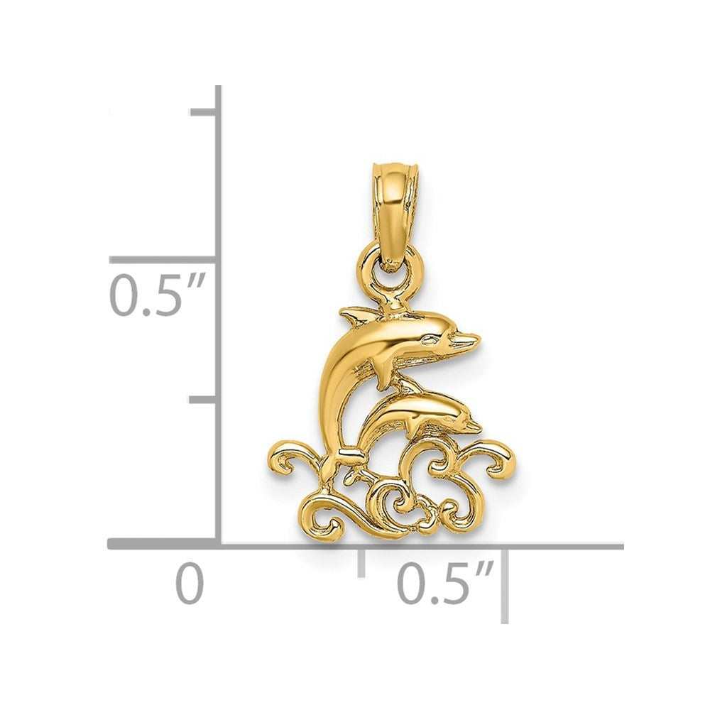 14K Yellow Gold Textured Mini Double Dolphins & Waves Charm Pendant