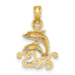 Load image into Gallery viewer, 14K Yellow Gold Textured Mini Double Dolphins &amp; Waves Charm Pendant
