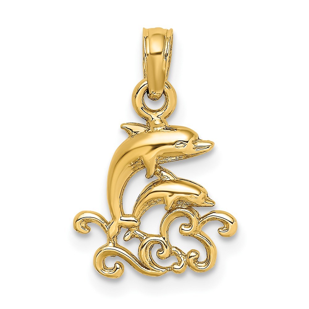 14K Yellow Gold Textured Mini Double Dolphins & Waves Charm Pendant