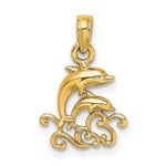 Load image into Gallery viewer, 14K Yellow Gold Textured Mini Double Dolphins &amp; Waves Charm Pendant
