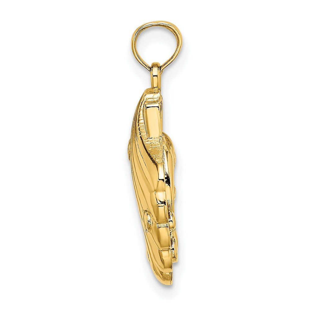 14K Yellow Gold 2-D & Textured Shell With Dolphins & Waves Charm Pendant
