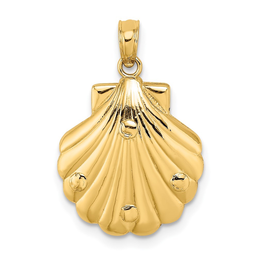 14K Yellow Gold 2-D & Textured Shell With Dolphins & Waves Charm Pendant