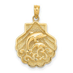 Load image into Gallery viewer, 14K Yellow Gold 2-D &amp; Textured Shell With Dolphins &amp; Waves Charm Pendant
