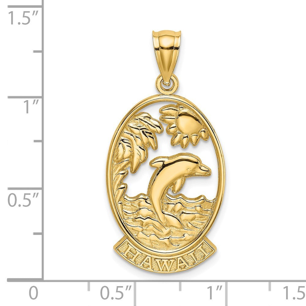14K Yellow Gold HAWAII With Dolphins in Waves Charm Pendant