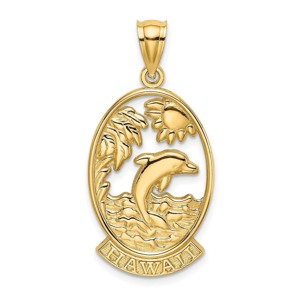 14K Yellow Gold HAWAII With Dolphins in Waves Charm Pendant